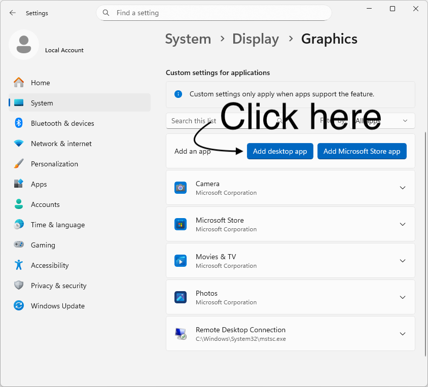 Settings → System → Display → Graphics screen with Add desktop app button highlighted