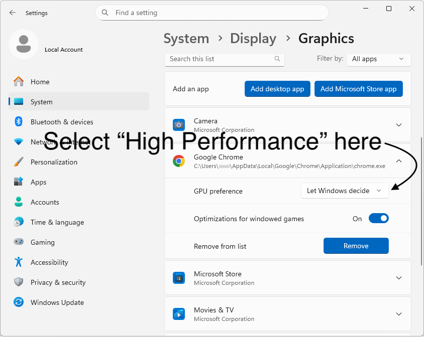 Settings → System → Display → Graphics screen with Chrome highlighted