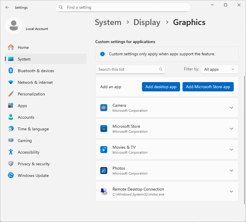 Settings → System → Display → Graphics screen